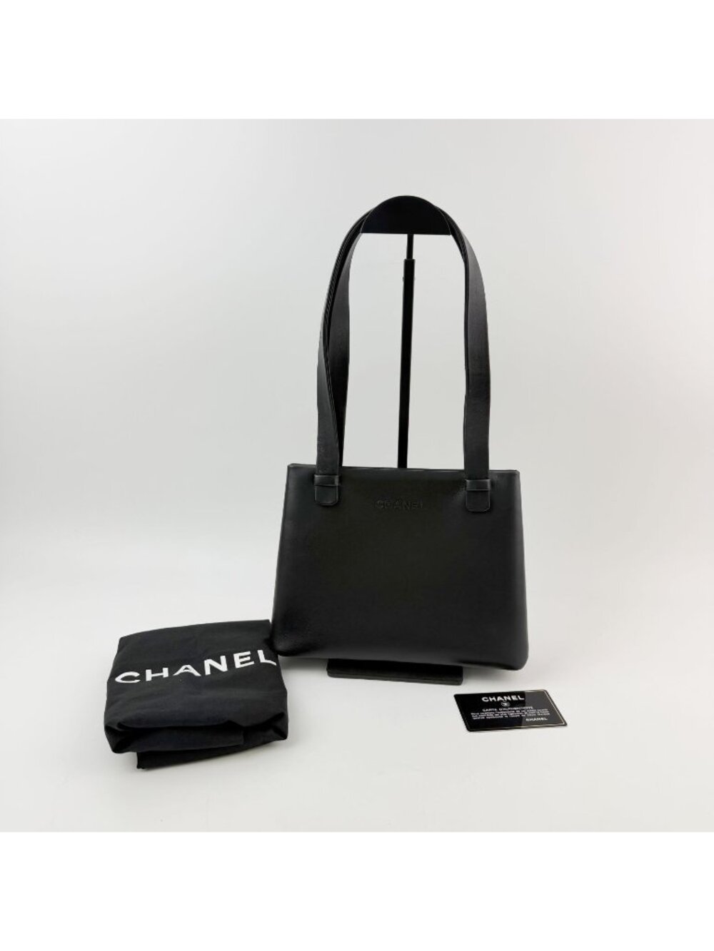 Chanel Logo Embossed Mini Tote Shoulder Bag Leather Black Seal Vintage